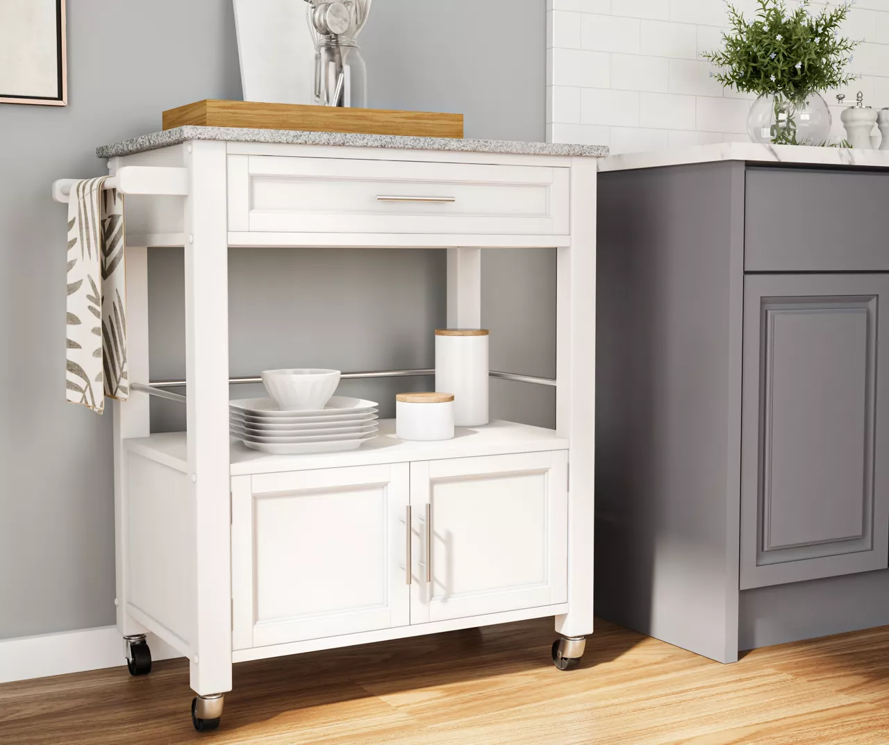 White Double Door Kitchen Cart With Granite Top - Image 3