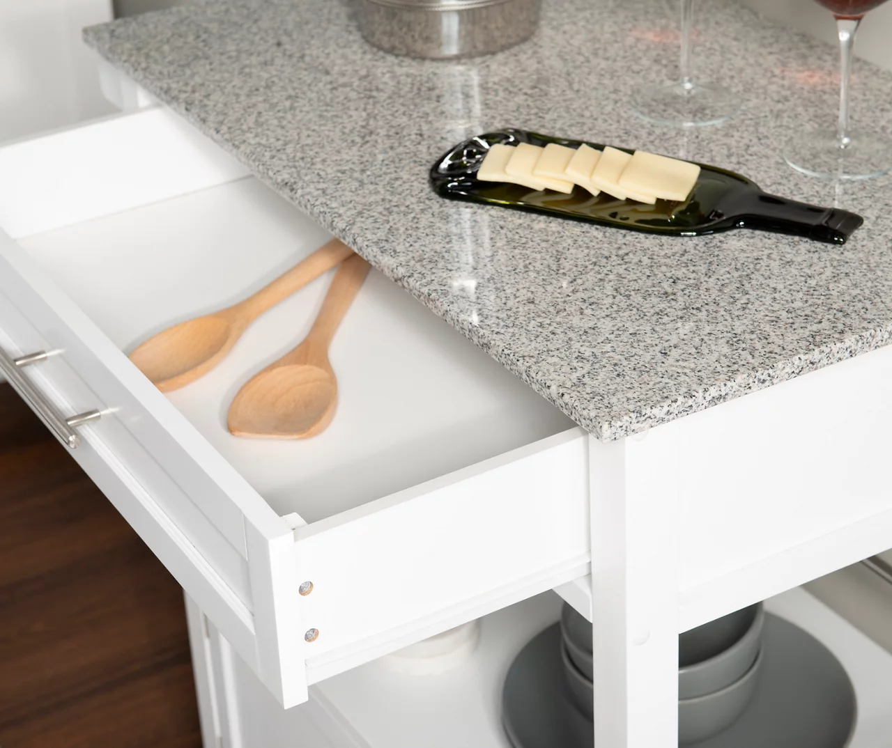 White Double Door Kitchen Cart With Granite Top - Image 4