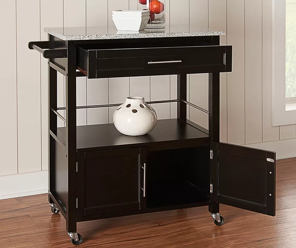 Black Double Door Kitchen Cart With Granite Top - Image 2