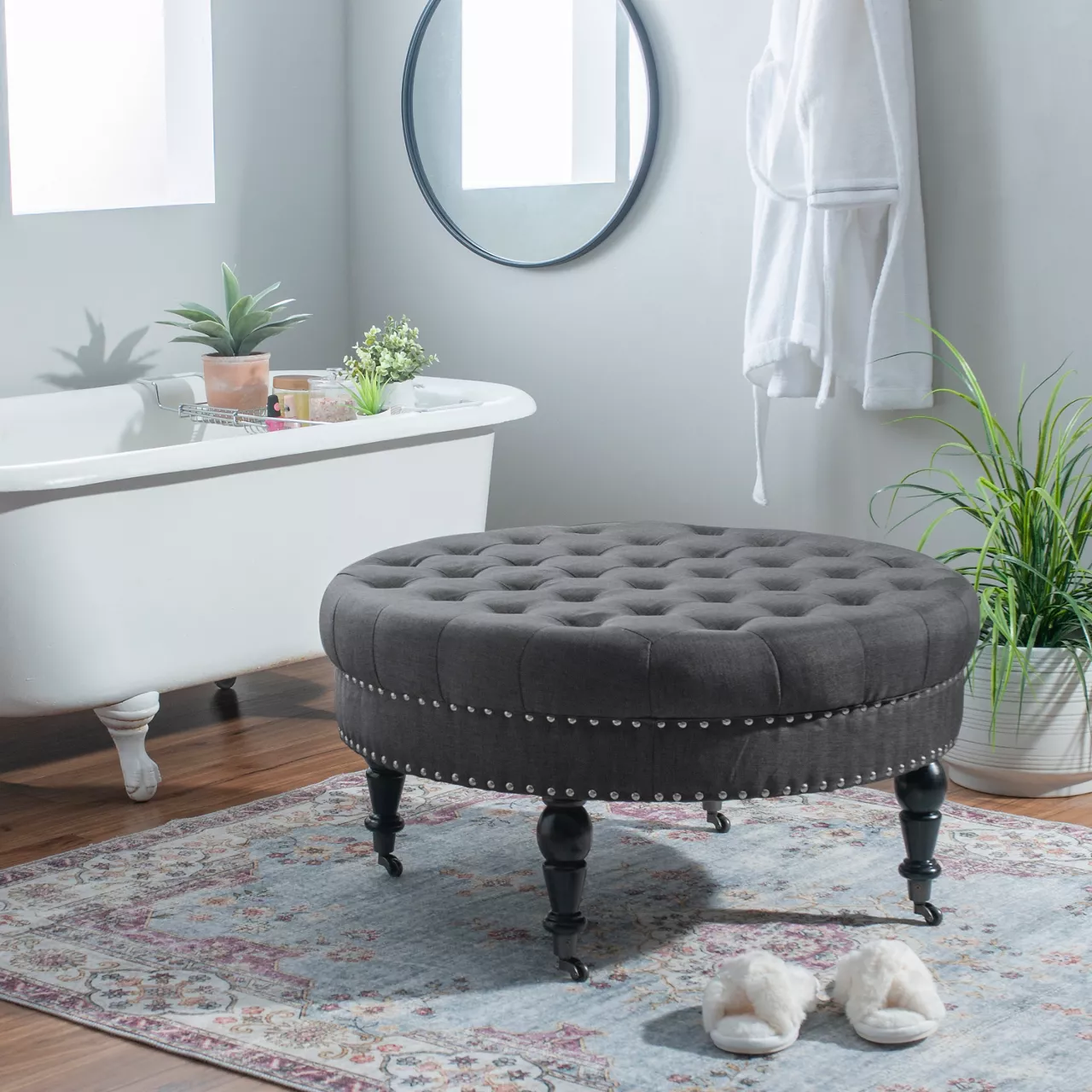 Claire Charcoal Round French Country Ottoman - Image 2