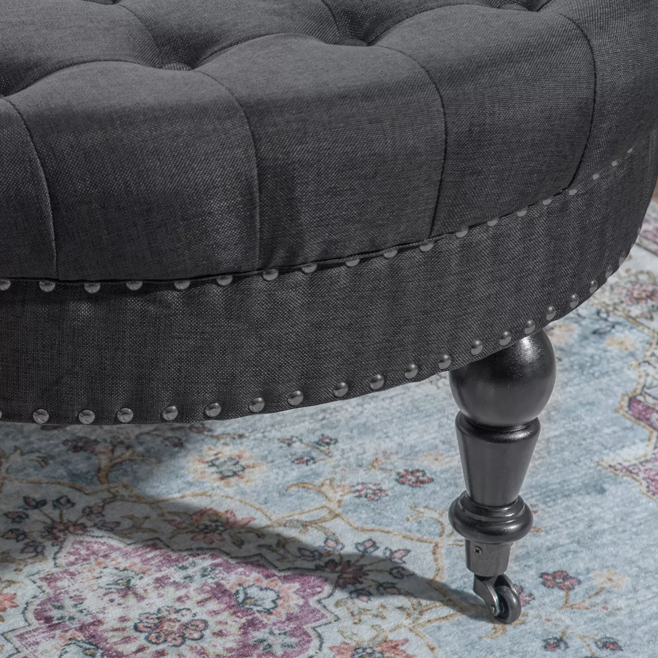 Claire Charcoal Round French Country Ottoman - Image 3