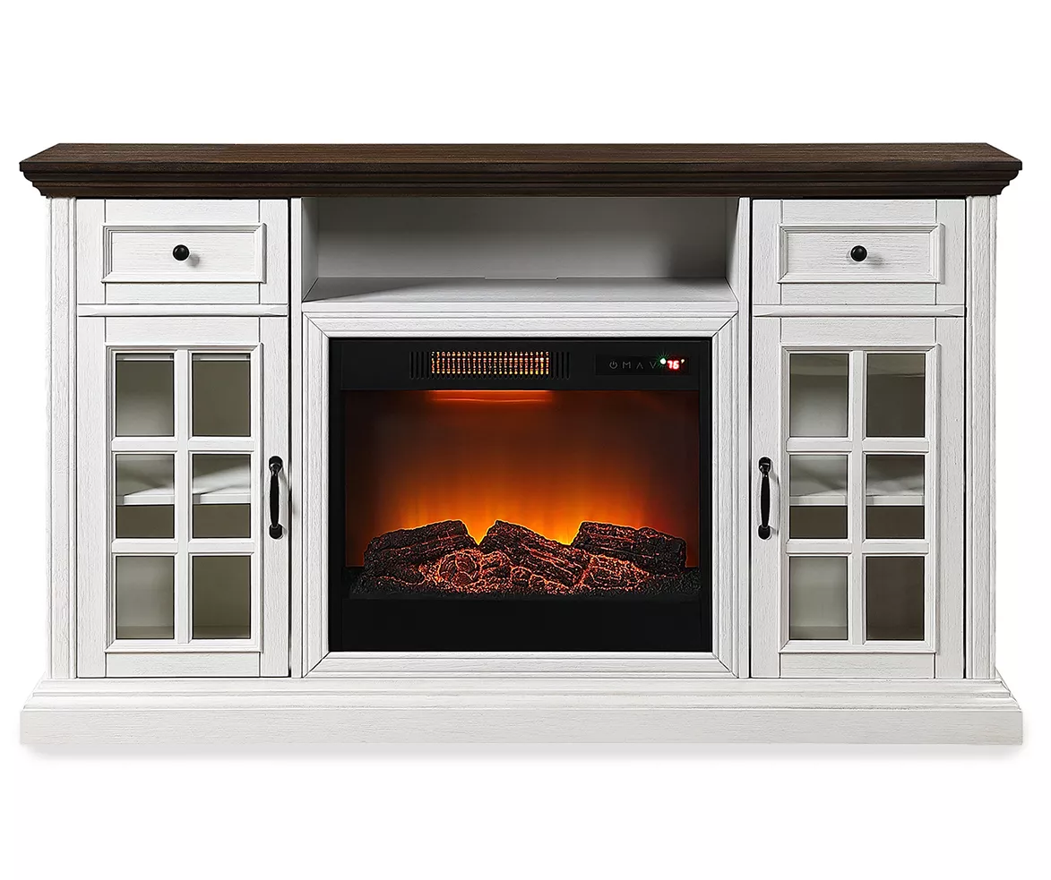 60" Brown & White Glass Door Fireplace Console