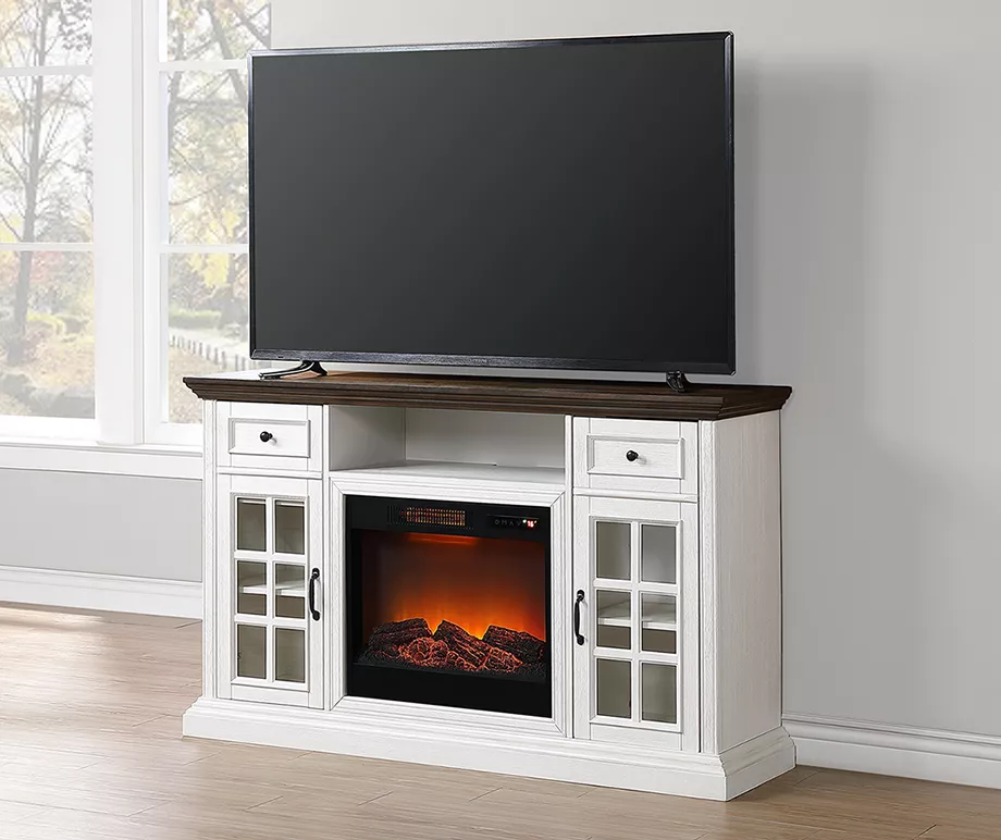 60" Brown & White Glass Door Fireplace Console - Image 3