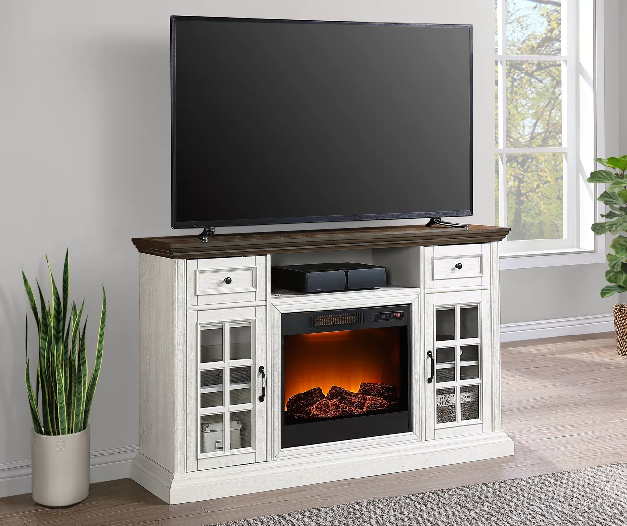 60" Brown & White Glass Door Fireplace Console - Image 4