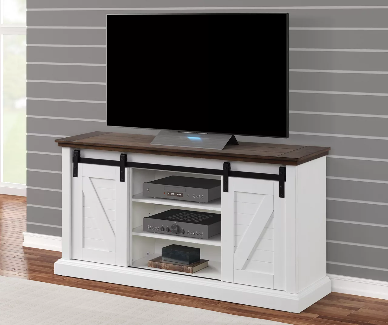 60" Dark Brown & White Barn Door TV Stand