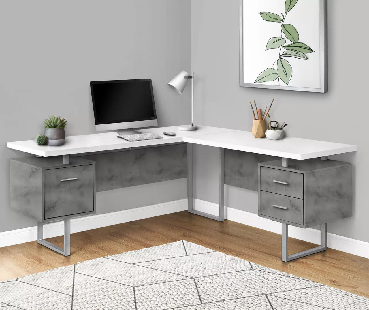 Faux Concrete & White 3-Drawer L-Shaped Corner Desk - Image 2