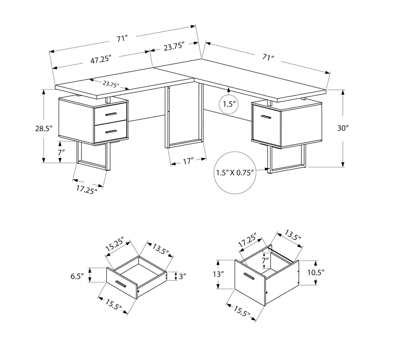 Faux Concrete & White 3-Drawer L-Shaped Corner Desk - Image 5