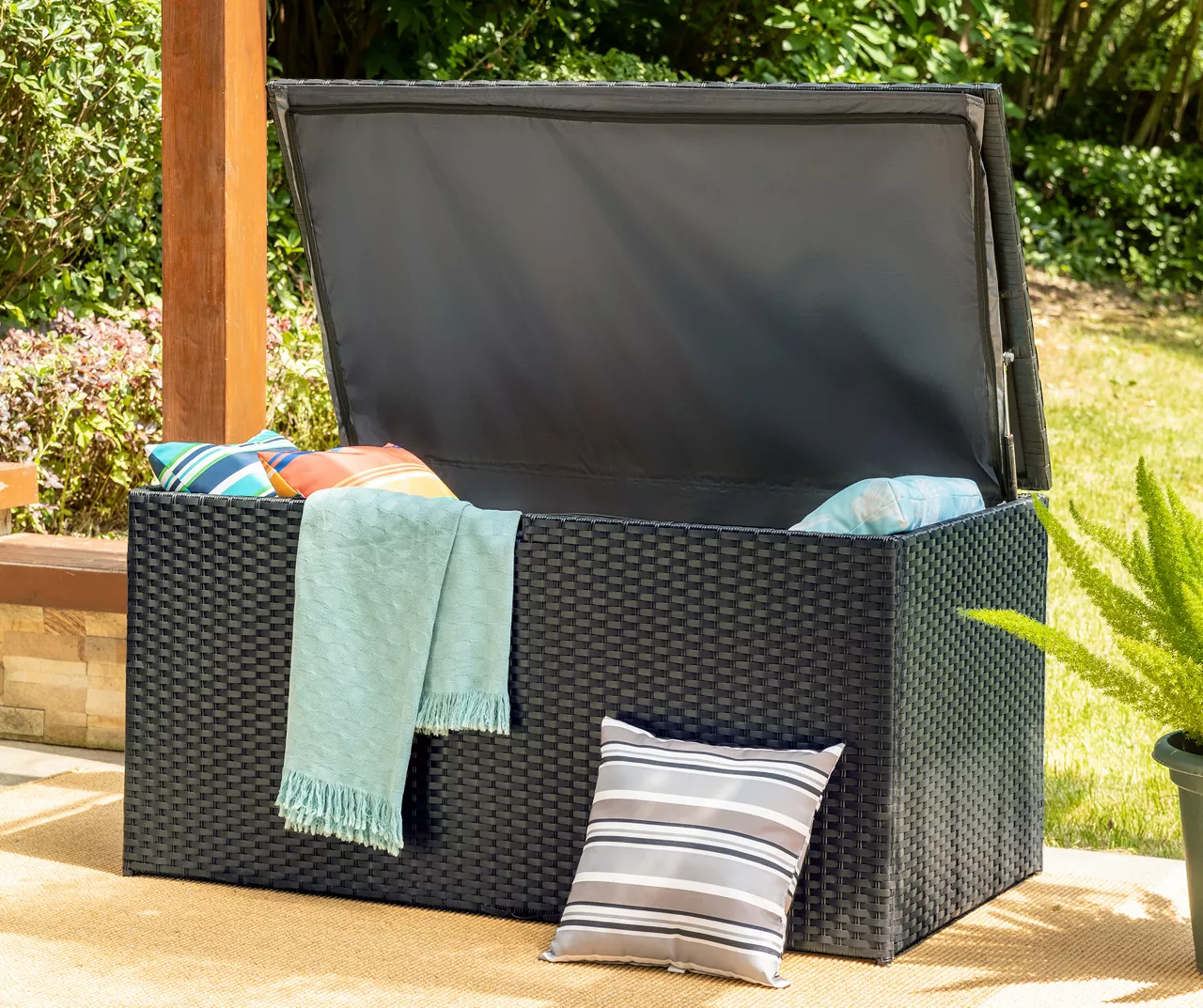 Black 140-Gallon All-Weather Wicker Storage Deck Box - Image 2