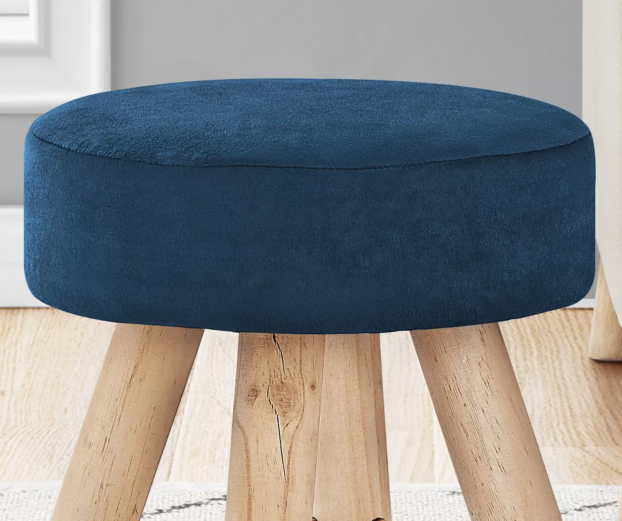 Blue Velvet Upholstered Wooden Ottoman - Image 3