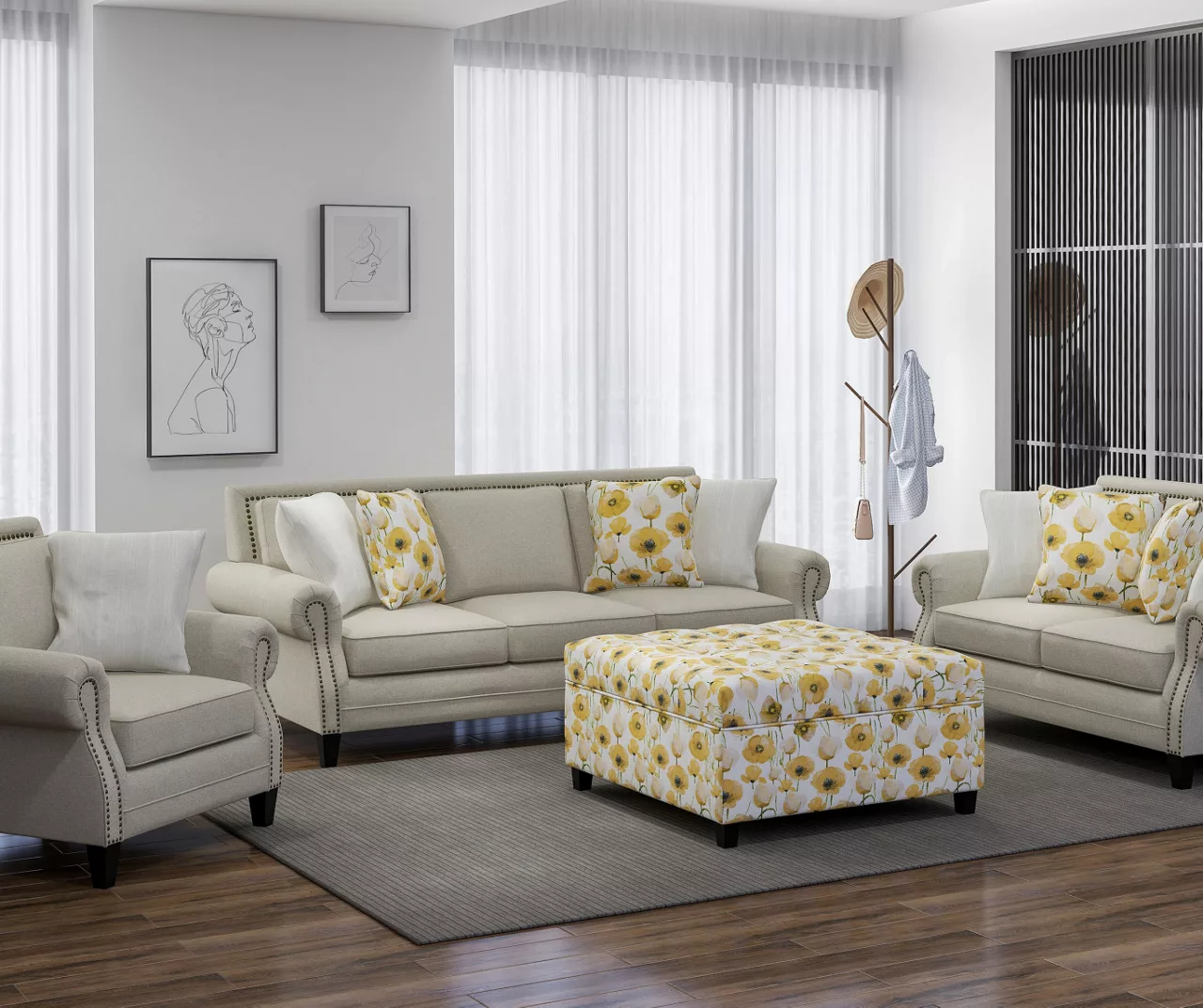 Golden Poppy Wood Leg Storage Ottoman - Image 4