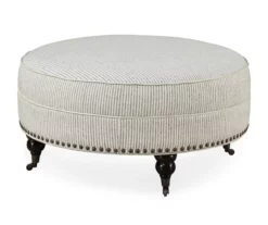 Pebble Gray Striped Upholstered Round Ottoman