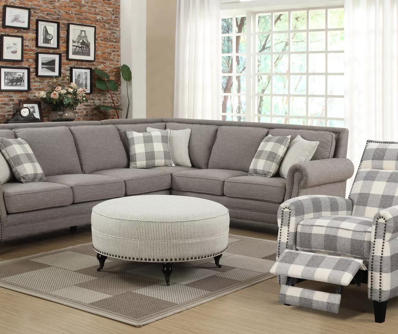 Pebble Gray Striped Upholstered Round Ottoman - Image 2