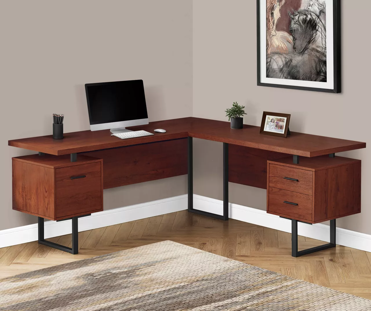 Cherry Wood Look 3-Drawer L-Shaped Corner Computer Desk - Image 2