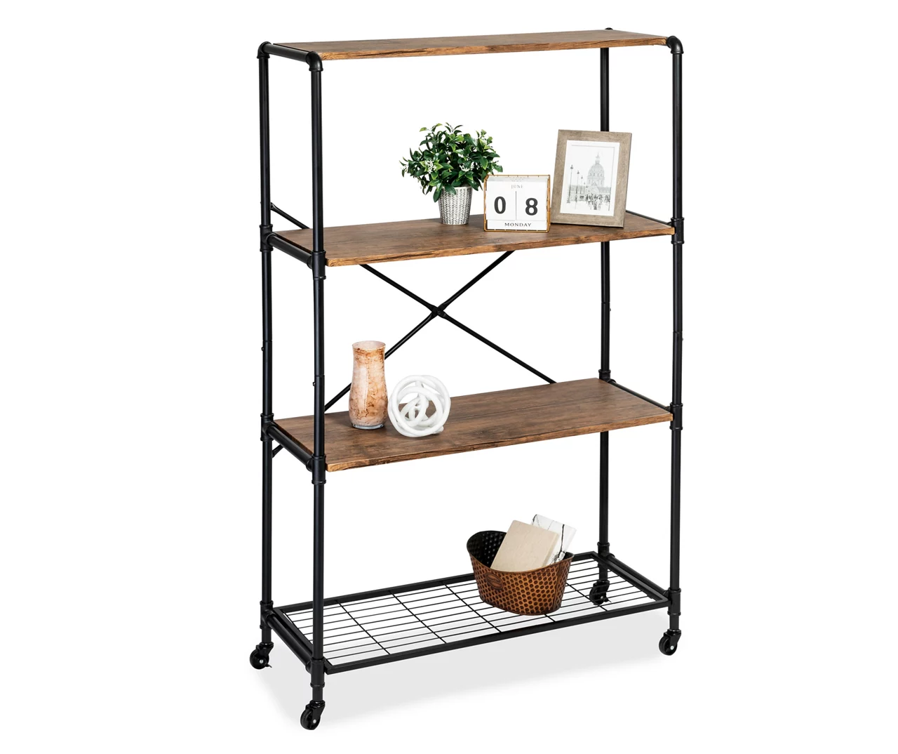 Rustic Black 4-Tier Industrial Rolling Bookshelf