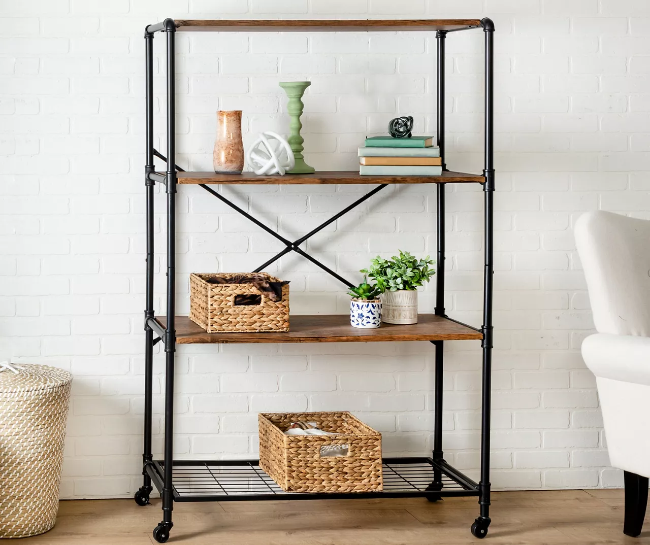 Rustic Black 4-Tier Industrial Rolling Bookshelf - Image 2