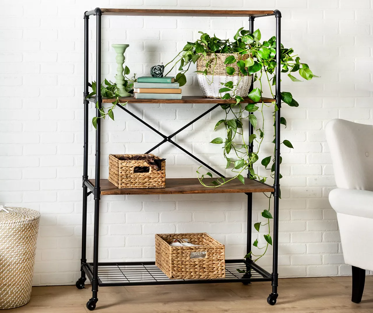 Rustic Black 4-Tier Industrial Rolling Bookshelf - Image 3