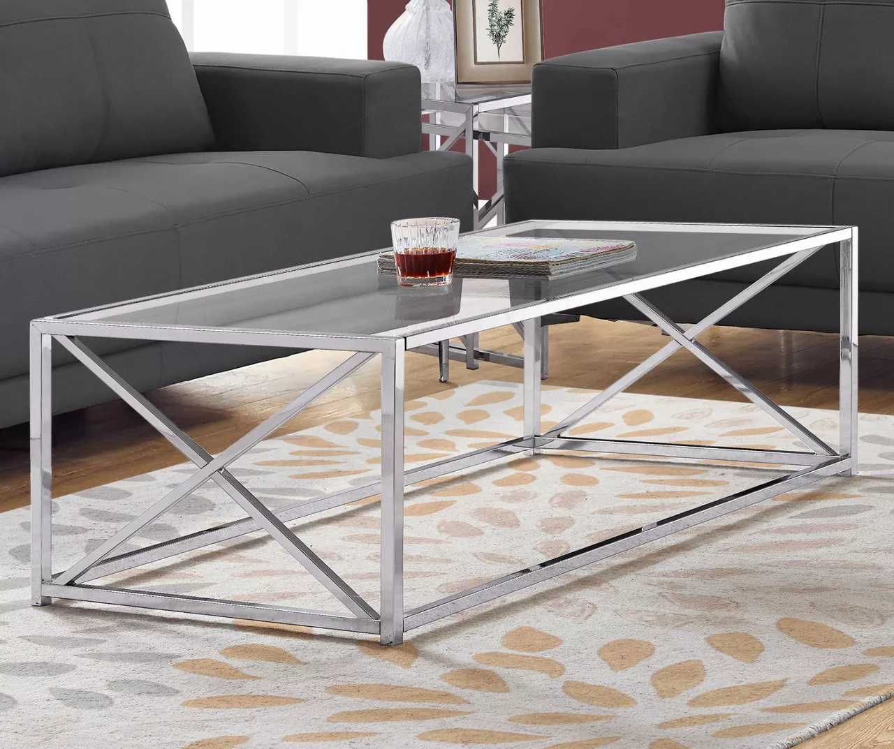 Tempered Glass & Chrome Metal X Coffee Table - Image 2