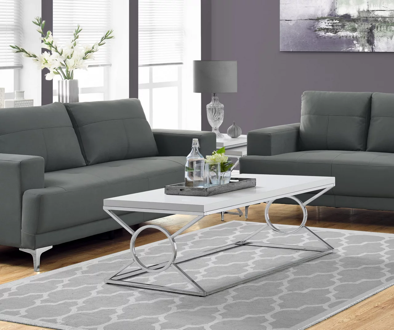 Glossy White & Chrome Metal Coffee Table - Image 3