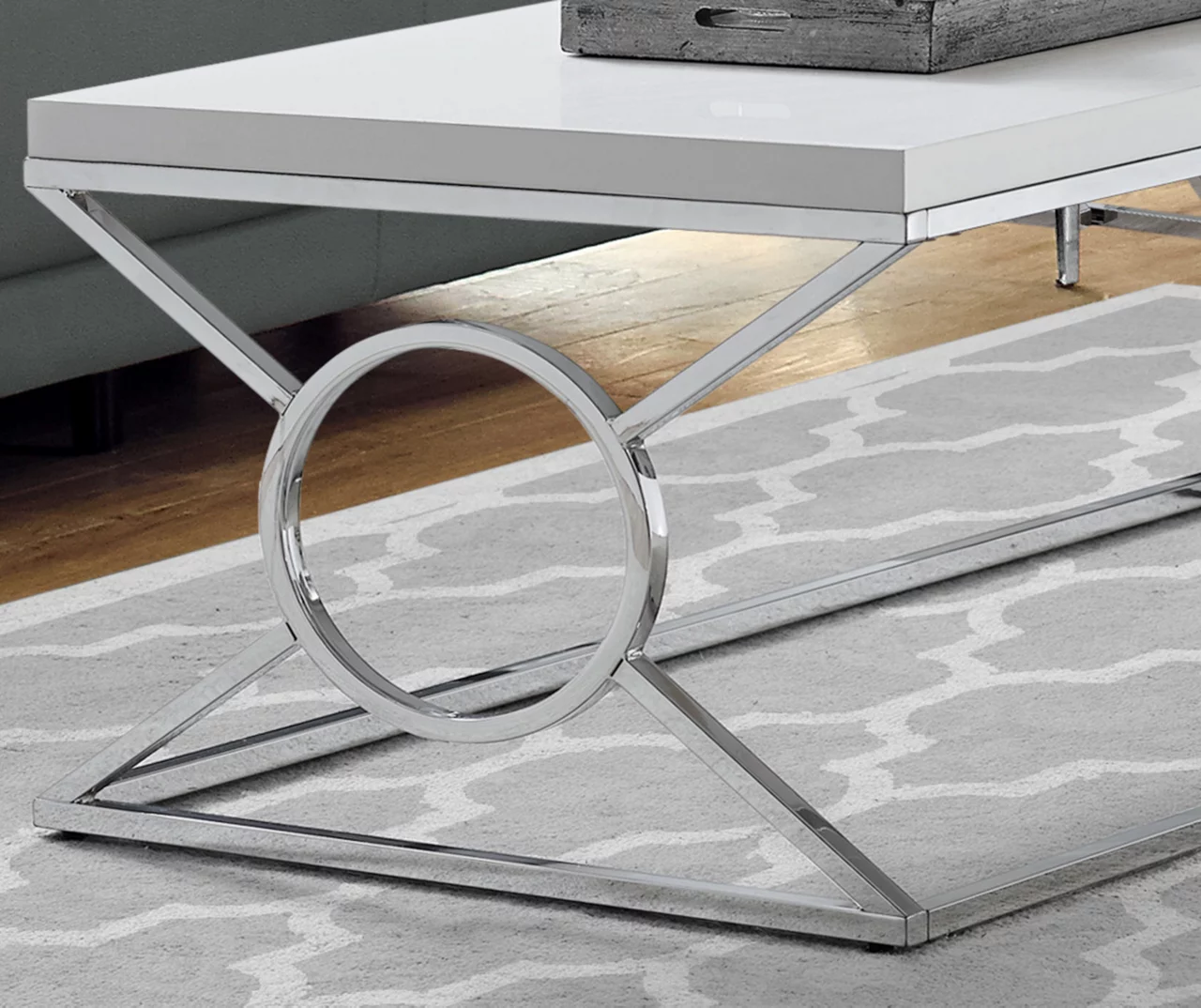 Glossy White & Chrome Metal Coffee Table - Image 2