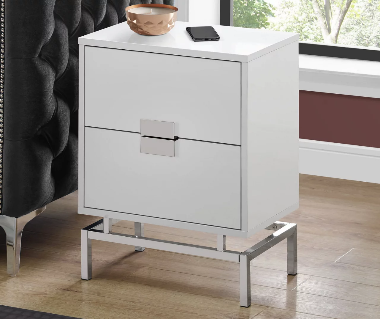 Glossy White & Chrome Metal Retro Accent Table - Image 2