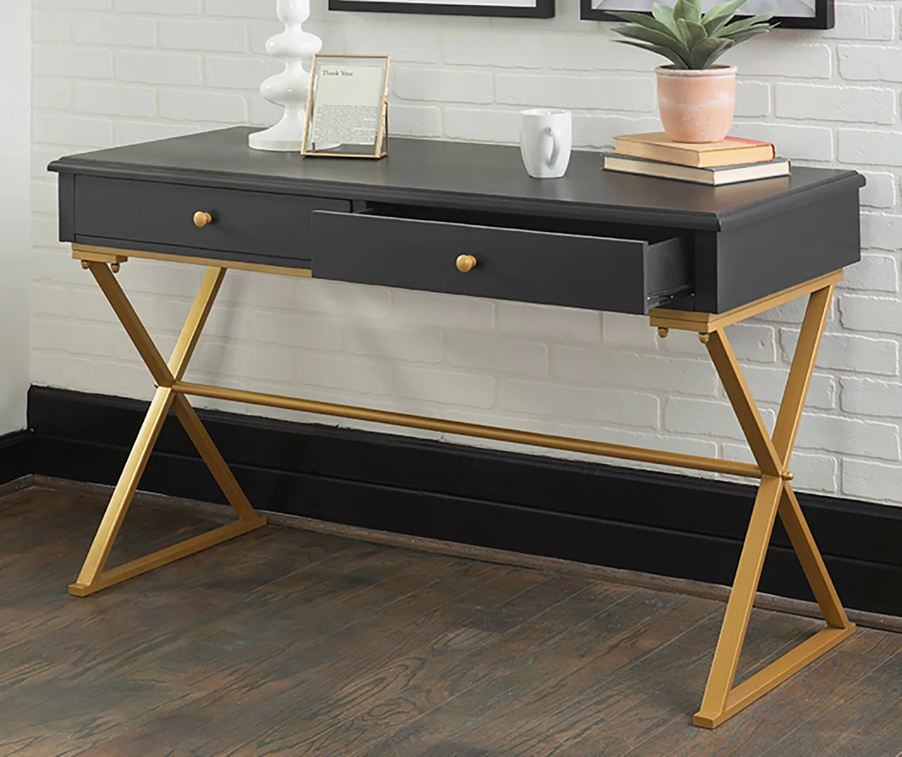 Glam Black & Gold 2-Drawer Campaign Desk - Image 2