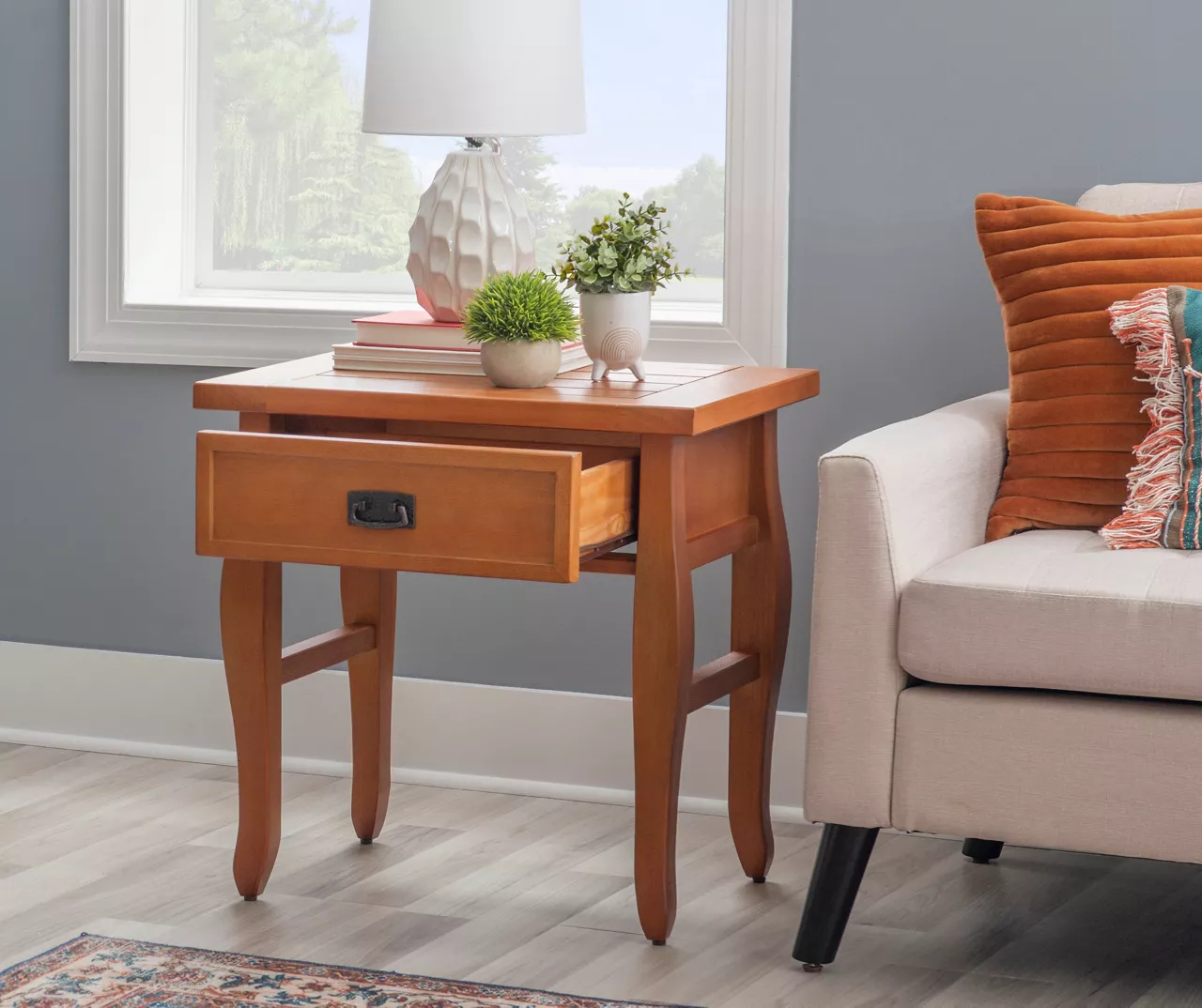 Denver Antique Pine 1-Drawer Curved Leg End Table - Image 3