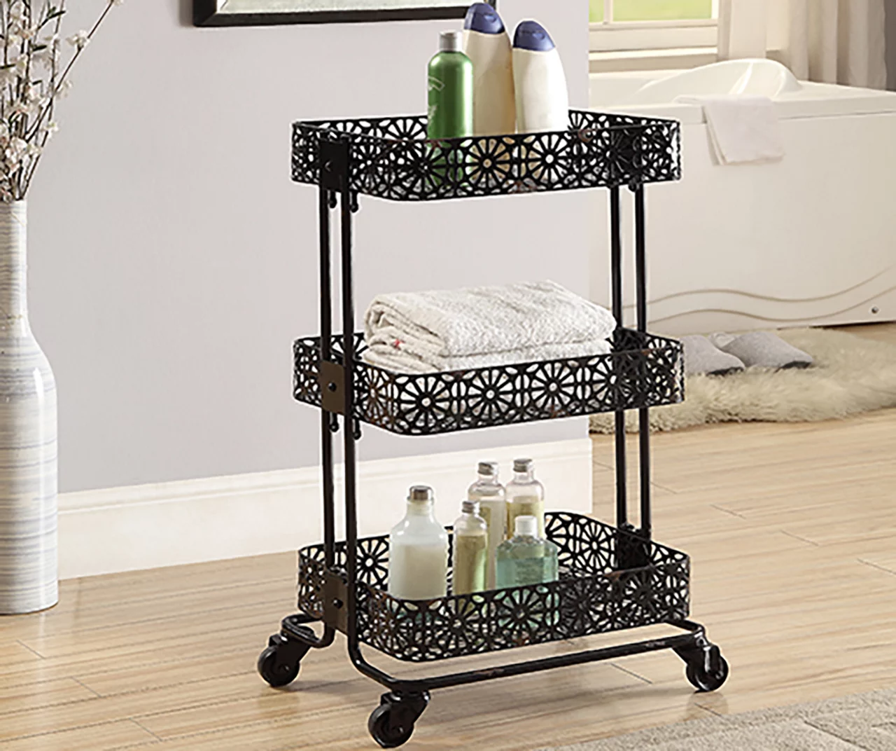 Mabry Black 3-Tier Pierced Floral Rolling Cart - Image 5