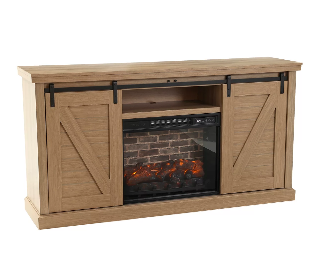 60" Light Brown Oak Barn Door Melamine Electric Fireplace - Image 2