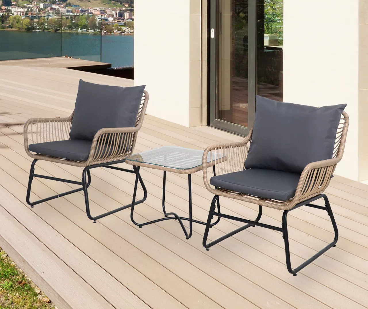 Santa Cruz 3-Piece Rattan Cushioned Patio Chair & Side Table Set - Image 2