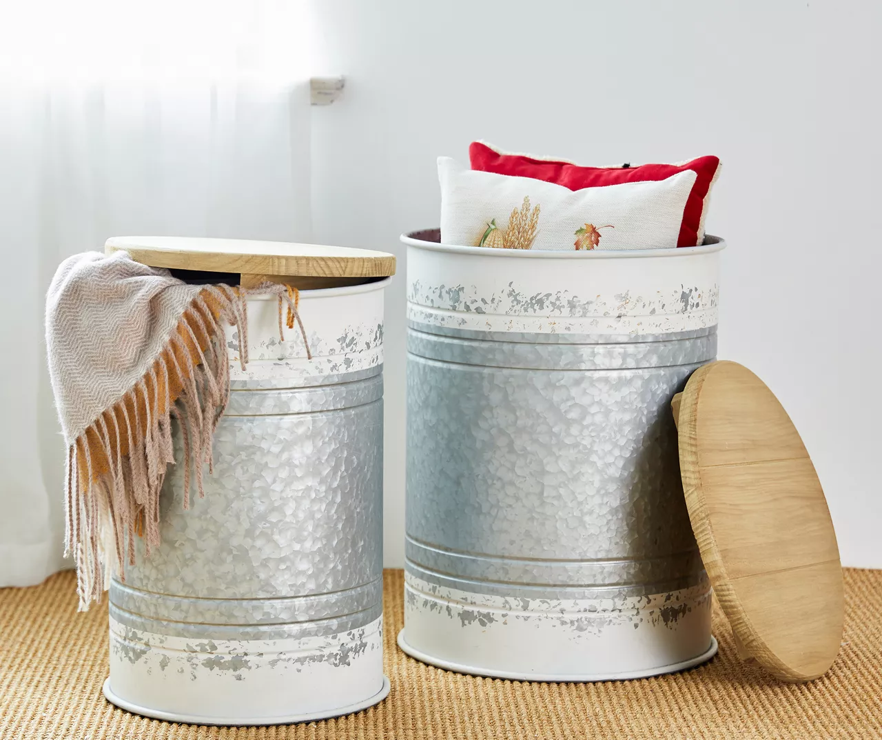 Galvanized Steel & White 2-Piece Metal Storage Stool Set - Image 2