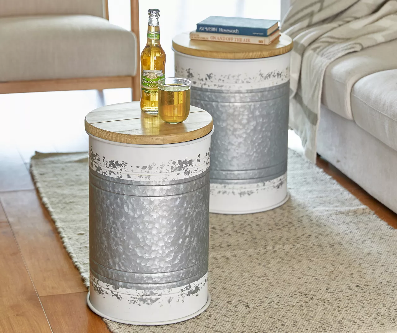 Galvanized Steel & White 2-Piece Metal Storage Stool Set - Image 3