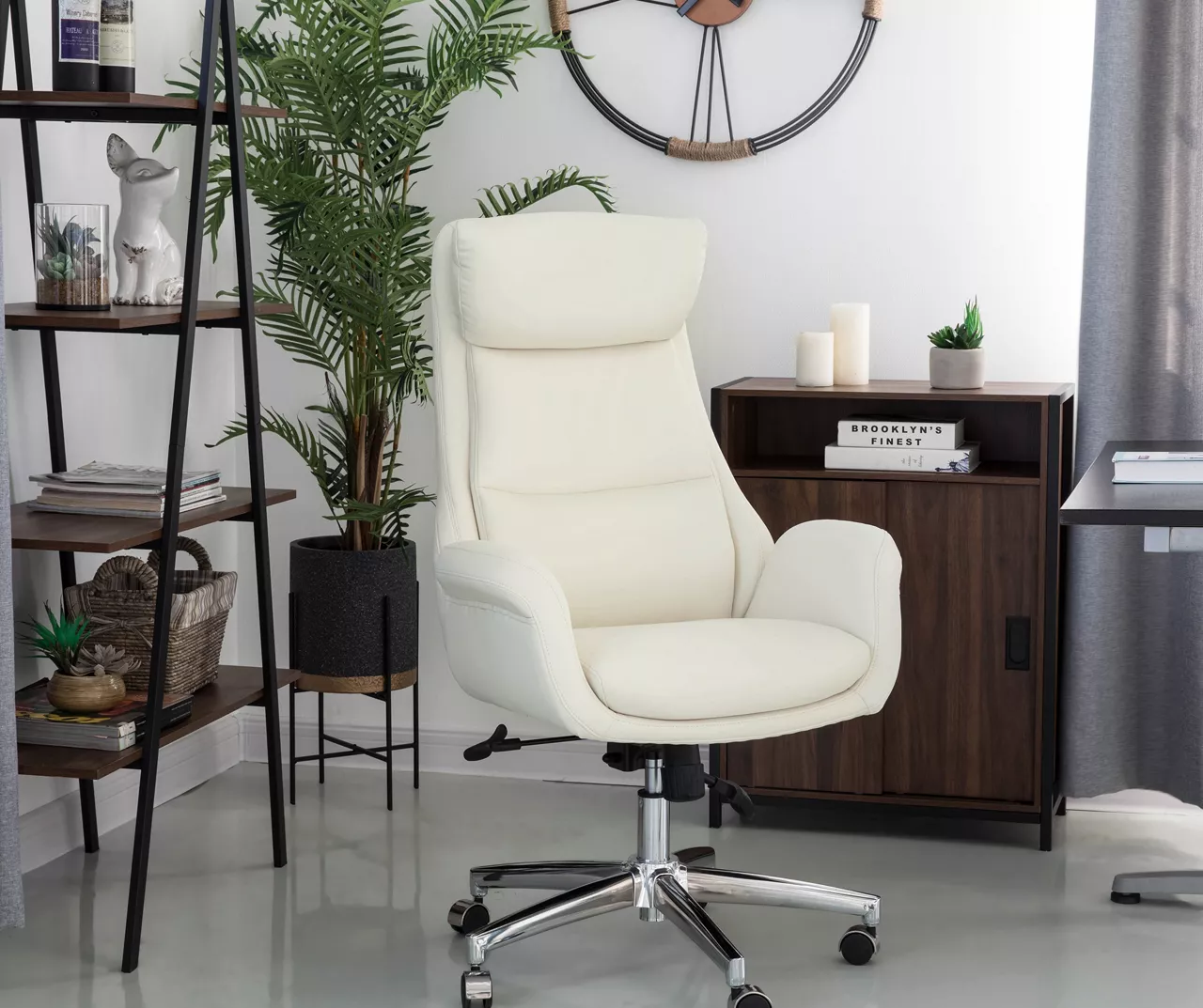 Cream Mid-Century Modern Faux Leather Executive Office Chair - Image 2